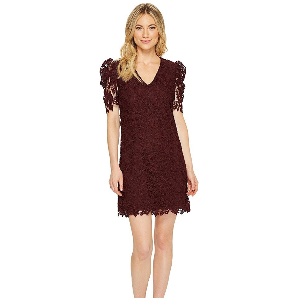 Donna Morgan V-Neck Shift Dress with Puff Sleeve